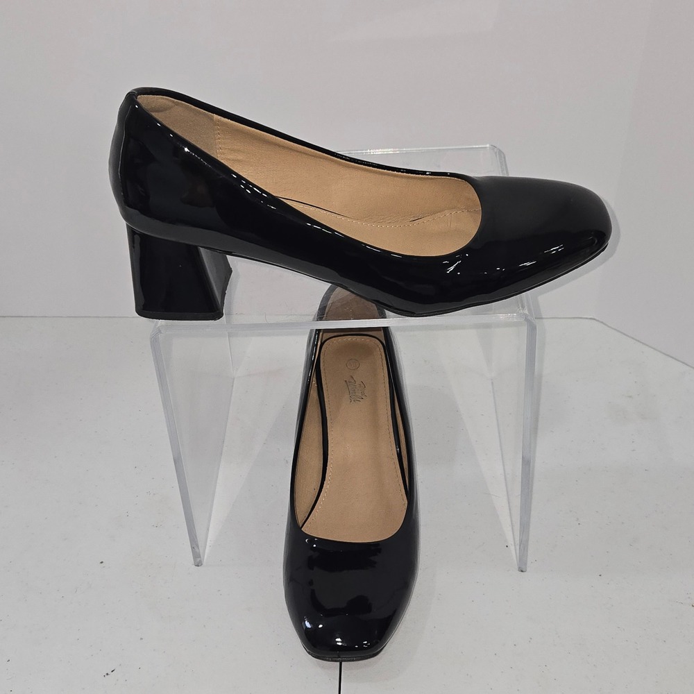 Heel The World Womens Black Patent Block Heel Pumps Square Toe Shoes Size 10
